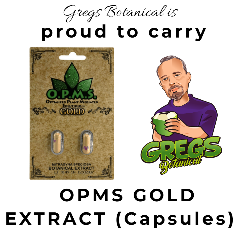 Product shot of two OPMS Kratom Gold Extract Capsules in packaging