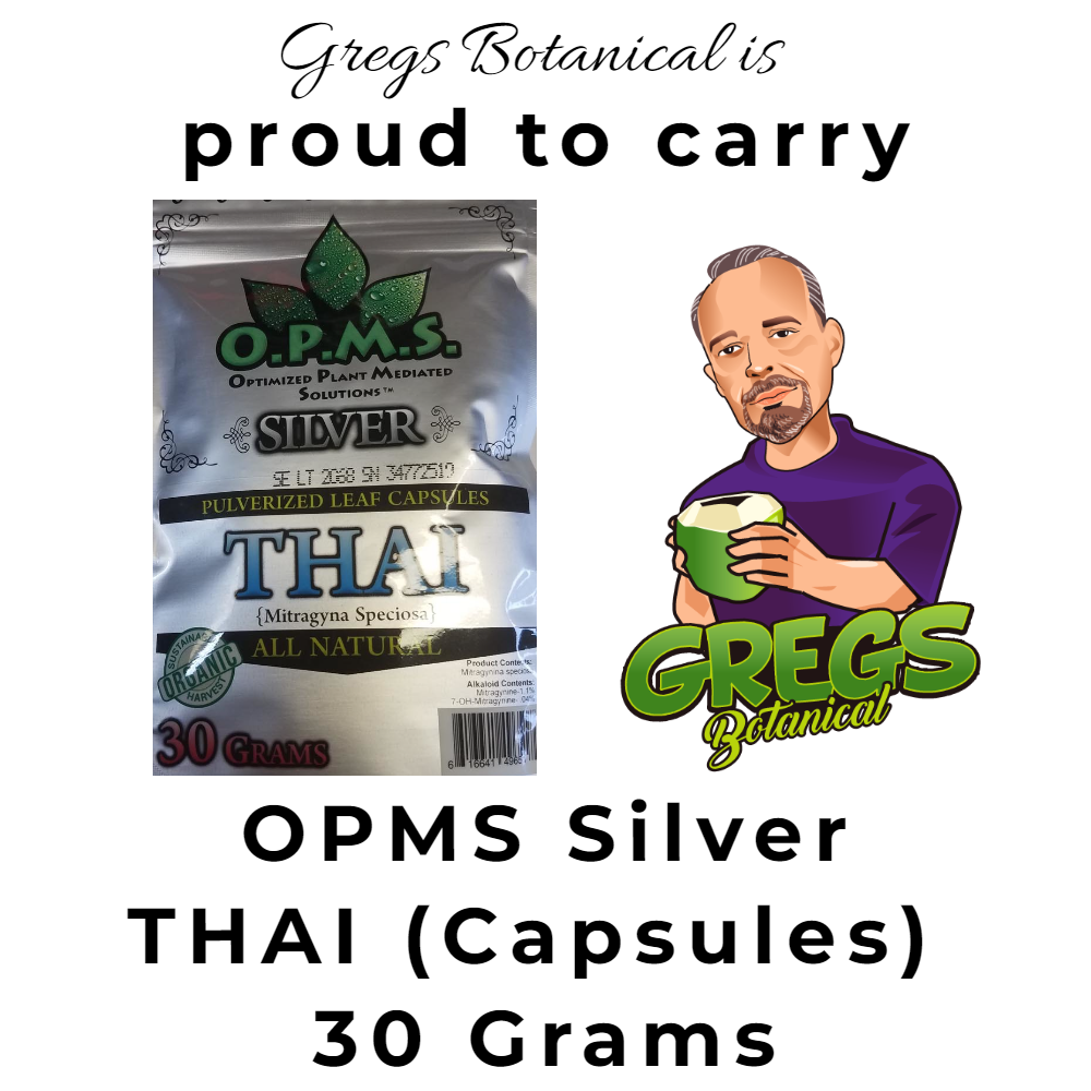 Product shot of OPMS Silver Thai 30 Grams Kratom Capsules packaging