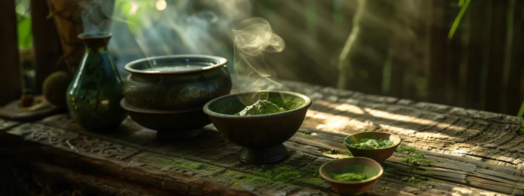 a serene, earthy setting showcases a traditional kratom preparation, with vibrant green powder and steaming tea, illuminated by soft, natural light that highlights the rich textures and colors, embodying the essence of ancient practices merging with modern consumption methods.