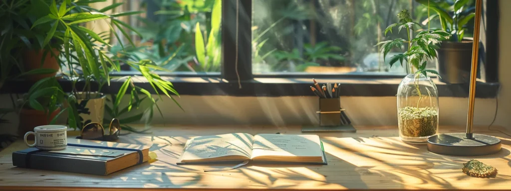 a serene workspace is illuminated by soft, natural light, featuring a high-quality kratom plant alongside a notebook filled with insightful notes on responsible usage, symbolizing a balanced approach to wellness and self-care.