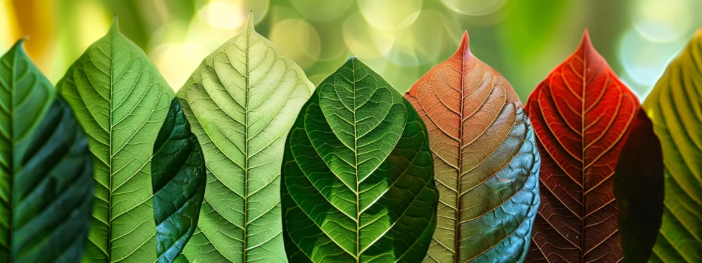 a vibrant array of kratom leaves in varying shades of green, red, and white displayed against a softly diffused sunlight backdrop, highlighting their unique shapes and textures to symbolize the diverse effects of each strain.