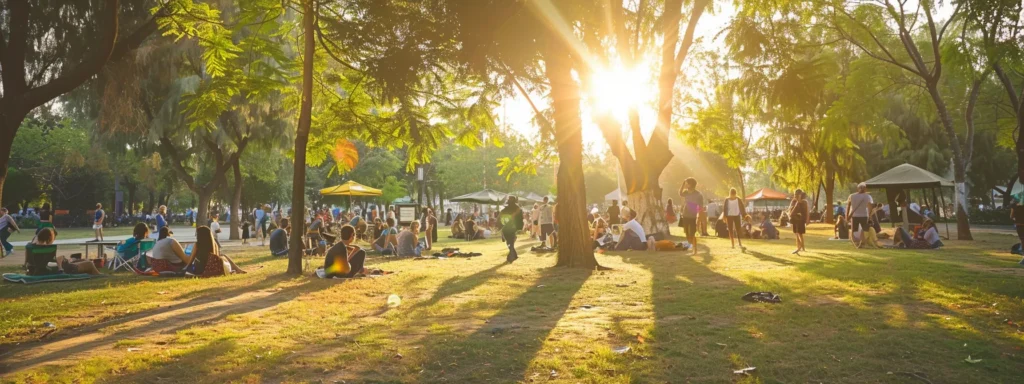 a vibrant gathering of kratom enthusiasts in a sunlit park, celebrating diverse strains and holistic wellness through colorful tea preparations, creates a lively atmosphere of community and shared knowledge.