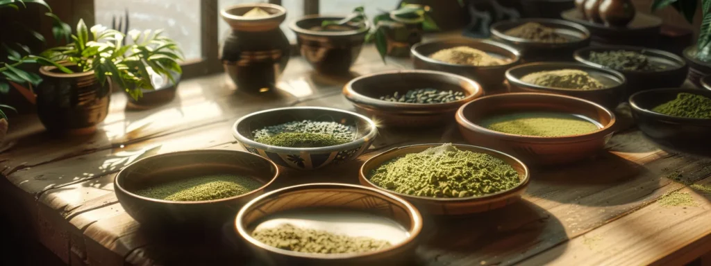 a vibrant, inviting display of various kratom products artfully arranged on a rustic wooden table, illuminated by soft, natural light, showcasing their diverse colors and textures, reflecting the quality and uniqueness of popular kratom vendors.