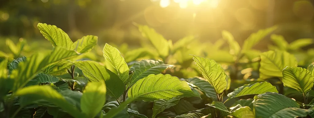 a vibrant, lush green landscape of indonesia showcases kratom plants thriving under golden sunlight, symbolizing their natural remedy potential for pain relief and mood enhancement.